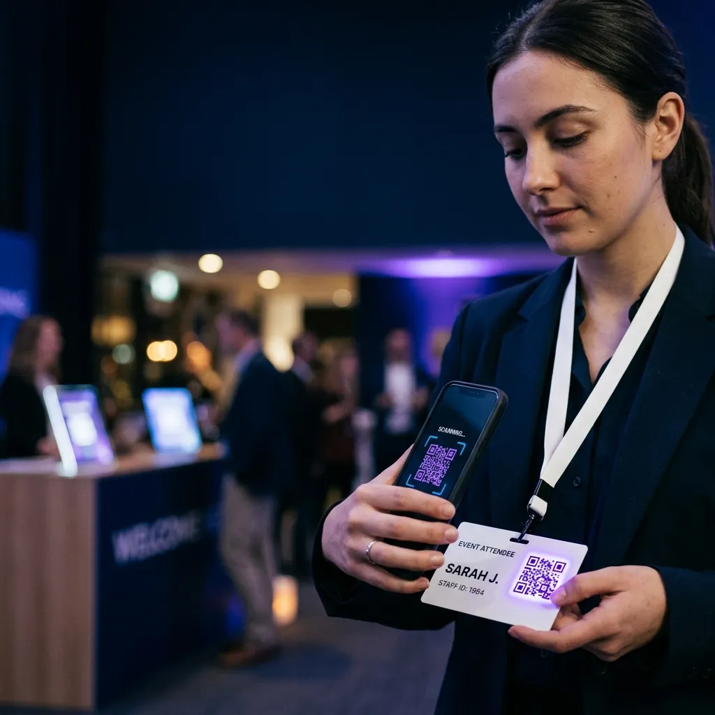 Mano che tiene uno smartphone mentre scansiona un QR code su un badge di un evento