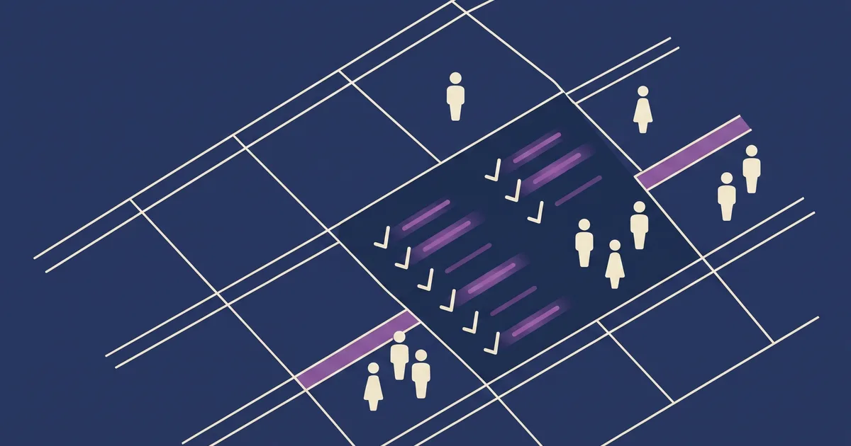 Foglio di calcolo stilizzato che si trasforma in una lista partecipanti digitale aggiornata in tempo reale, palette navy e viola
