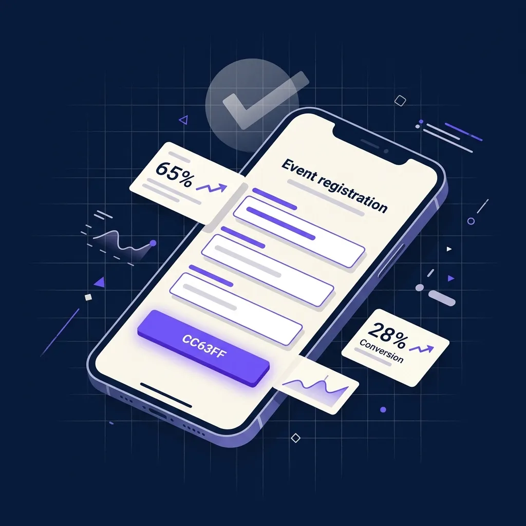 Pagina di registrazione evento visualizzata su smartphone con form essenziale e pulsante CTA viola evidenziato