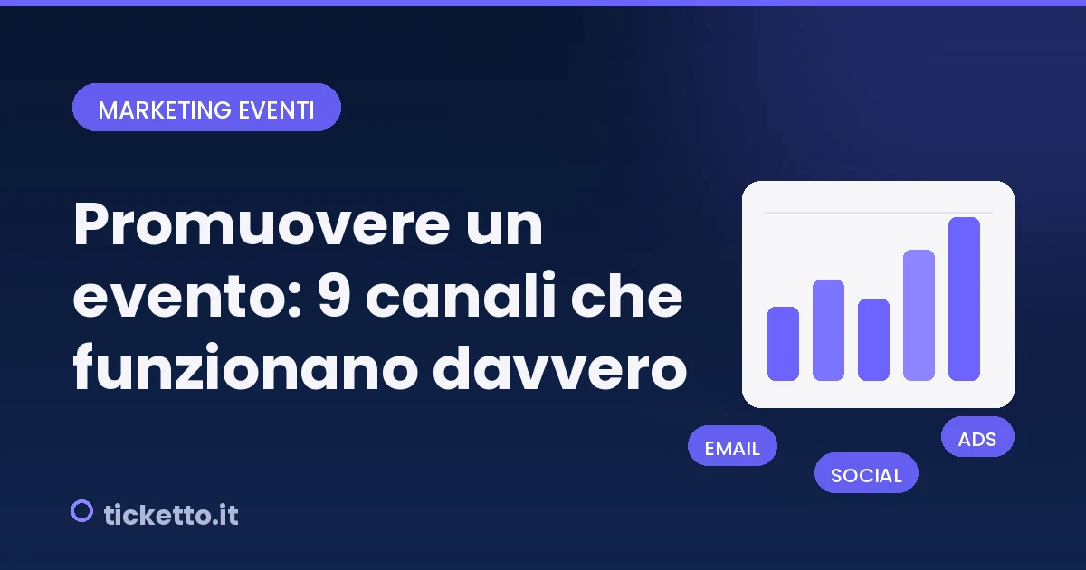 Dashboard analytics con metriche di evento — biglietti venduti per canale di acquisizione, palette navy e viola