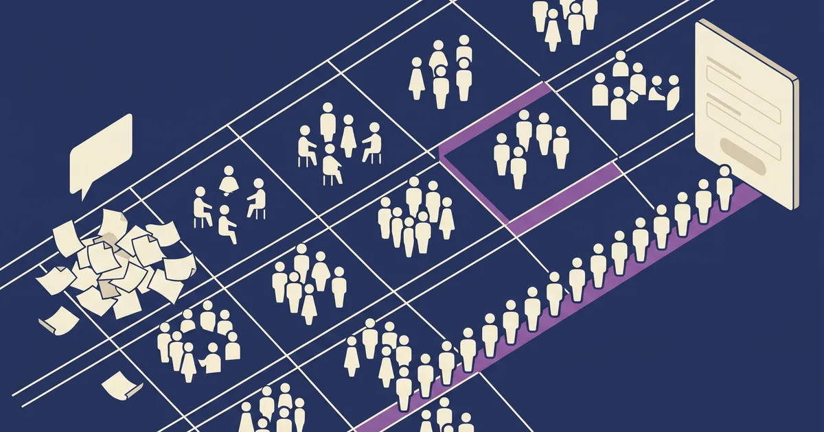 Modulo di iscrizione digitale che sostituisce fogli sparsi e messaggi, con lista partecipanti in tempo reale, palette navy e viola